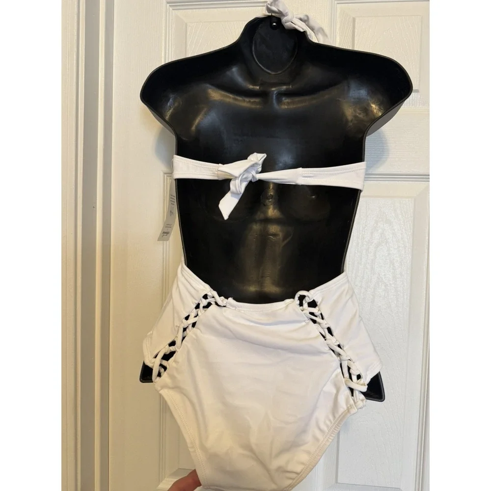White Lace Up Bathing Suit Halter  Swimsuit OnePiece size 8 Large Ashley Graham